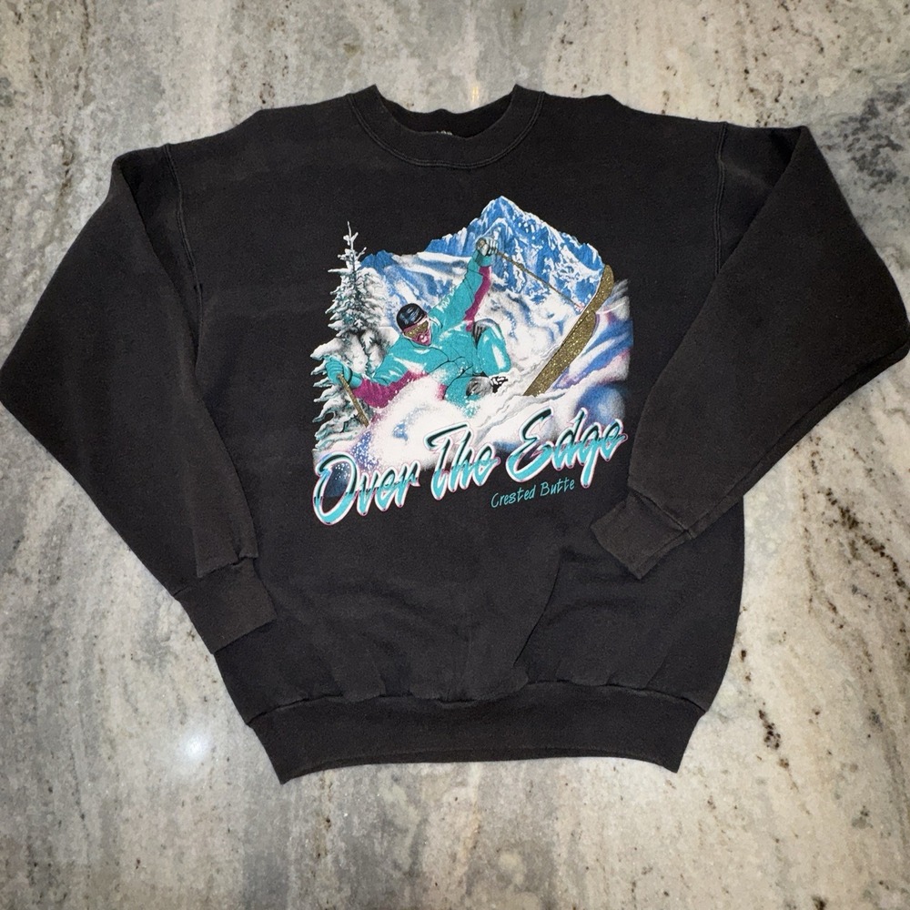 VTG 80s Hanes Sweatshirt Graphic Print Ski Snow Over The Edge Sz L Crested Butte